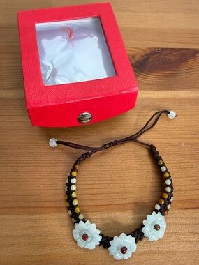 Floral jade and cord wishing bracelet
